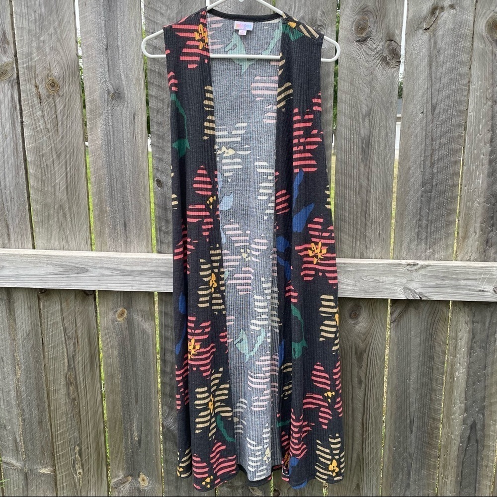 🏷 NWT LuLaRoe JOY Vest Size Small Dark Gray Floral Colorful Longline Side Slits
